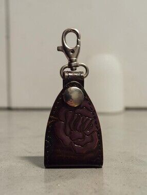 Leather Key Chain Bag Charm with Embossed Rose